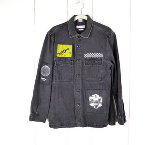 Urban Outfitters Shirt Mens SZ S Denim Heavyweight Graphic Patches Grunge Punk